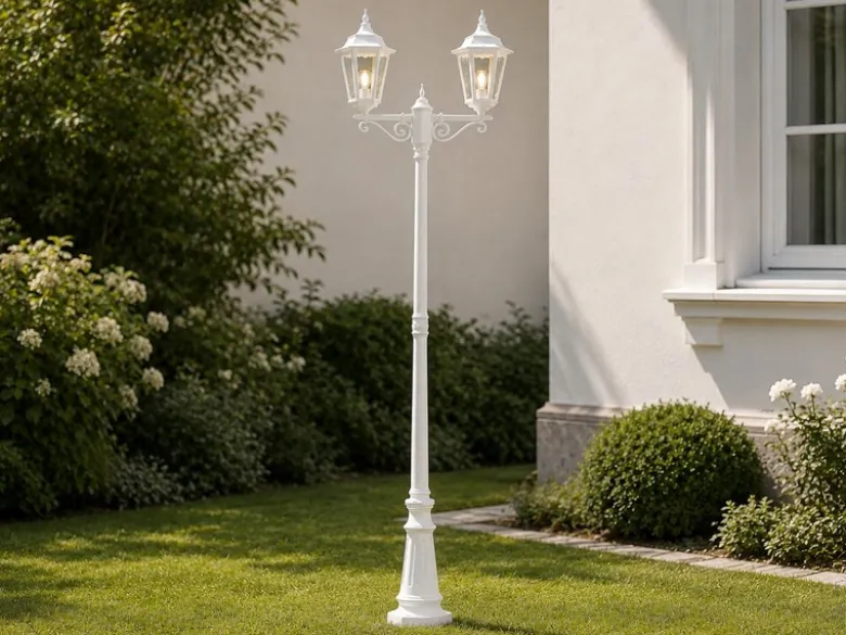 Straßenlaterne 2-flammig Aluminium Weiß, antike E27 Mastleuchte, Höhe 220cm