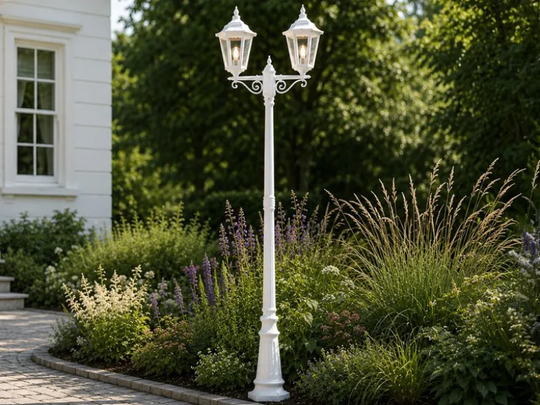 Straßenlaterne 2-flammig Aluminium Weiß, antike E27 Mastleuchte, Höhe 220cm