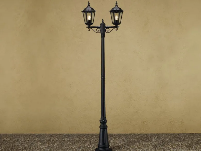 Straßenlaterne 2-flammig Aluminium Schwarz, antike E27 Mastleuchte, Höhe 220cm