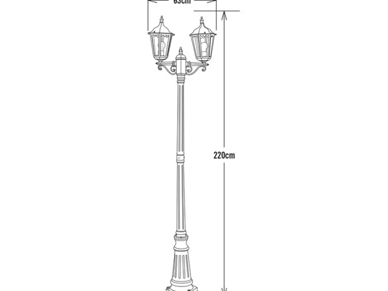 Straßenlaterne 2-flammig Aluminium Schwarz, antike E27 Mastleuchte, Höhe 220cm