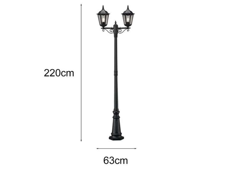 Straßenlaterne 2-flammig Aluminium Schwarz, antike E27 Mastleuchte, Höhe 220cm