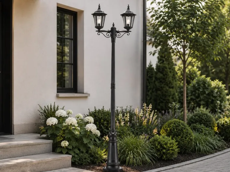 Straßenlaterne 2-flammig Aluminium Schwarz, antike E27 Mastleuchte, Höhe 220cm