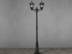 Straßenlaterne 2-flammig Aluminium Schwarz, antike E27 Mastleuchte, Höhe 220cm