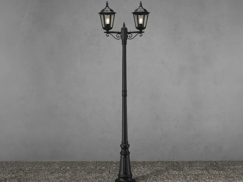 Straßenlaterne 2-flammig Aluminium Schwarz, antike E27 Mastleuchte, Höhe 220cm