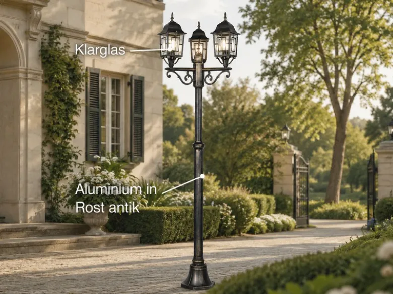 Straßenlaterne 3-flammig Aluminium Rostoptik antik mit E27 LED, Höhe 200cm