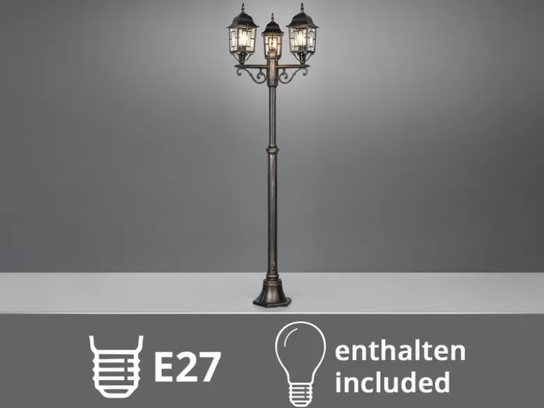 Straßenlaterne 3-flammig Aluminium Rostoptik antik mit E27 LED, Höhe 200cm