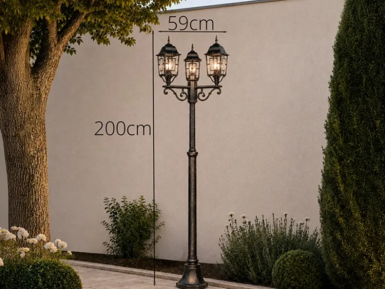 Straßenlaterne 3-flammig Aluminium Rostoptik antik mit E27 LED, Höhe 200cm