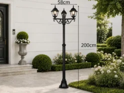 Straßenlaterne 3-flammig aus Aluminium Schwarz mit E27 LED, Höhe 200cm