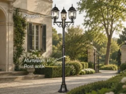 Straßenlaterne VOLTURNO 3-flammig Aluminium Rostoptik antik, E27, Höhe 200cm