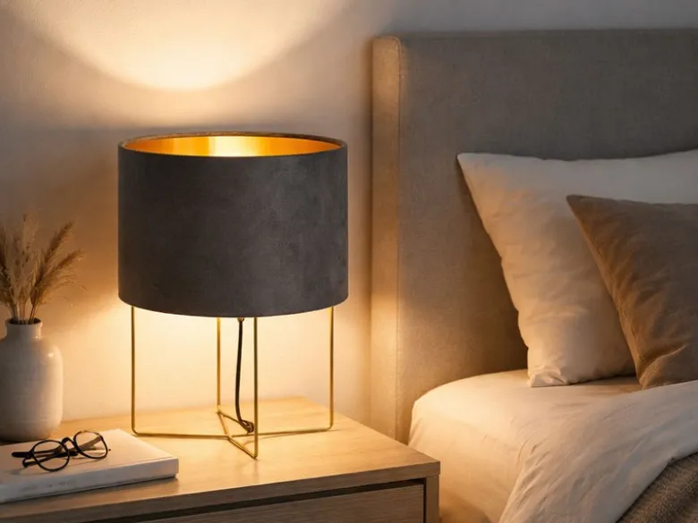 Tischlampe AURA mit Lampenschirm Samt Grau - innen Gold, Höhe 32cm