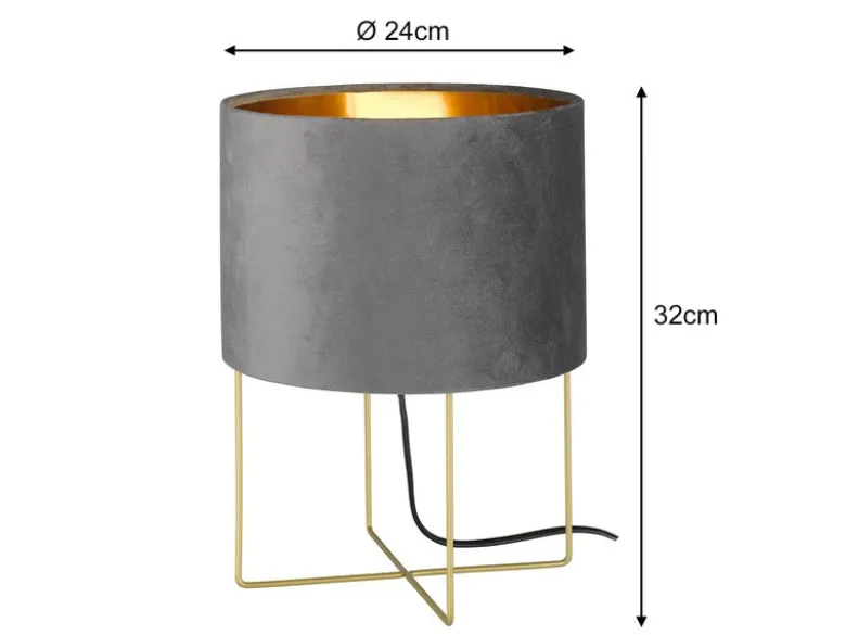 Tischlampe AURA mit Lampenschirm Samt Grau - innen Gold, Höhe 32cm