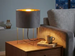 Tischlampe AURA mit Lampenschirm Samt Grau - innen Gold, Höhe 32cm