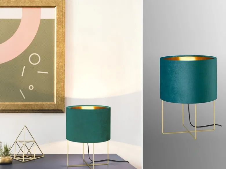 Tischlampe AURA mit Lampenschirm Samt Türkis - innen Gold, Höhe 32cm