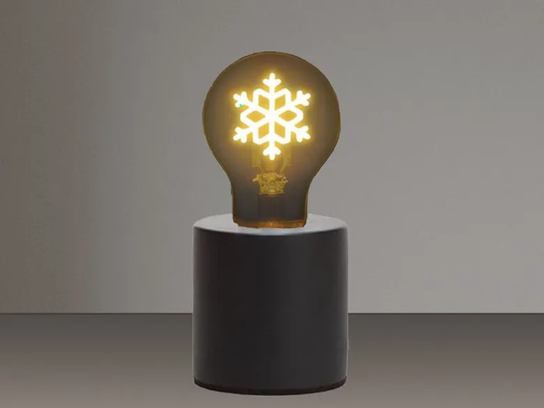 Tischlampe Beton Schwarz mit Deko LED Glühbirne Schneeflocke, Höhe 9cm