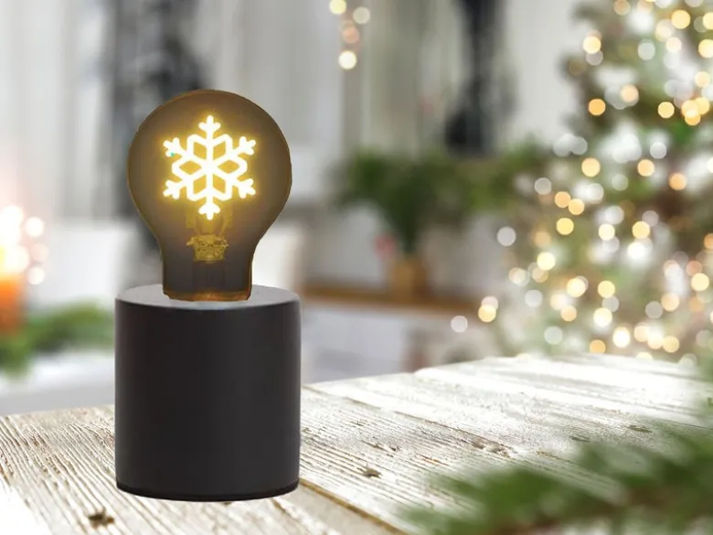 Tischlampe Beton Schwarz mit Deko LED Glühbirne Schneeflocke, Höhe 9cm