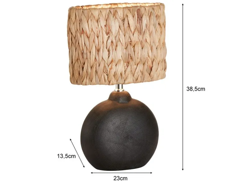 Tischlampe HYAZINTHE Keramikfuß Schwarz mit Seegras Lampenschirm, Höhe 38,5cm
