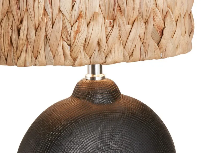 Tischlampe HYAZINTHE Keramikfuß Schwarz mit Seegras Lampenschirm, Höhe 38,5cm
