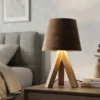Tischlampe mit Holz Dreibein & E14 Samtschirm Braun Gold, Höhe 27cm