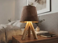 Tischlampe mit Holz Dreibein & E14 Samtschirm Braun Gold, Höhe 27cm