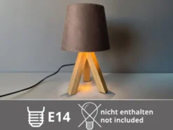 Tischlampe mit Holz Dreibein & E14 Samtschirm Braun Gold, Höhe 27cm