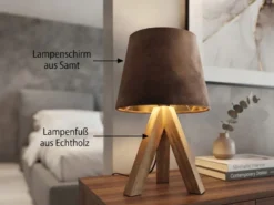 Tischlampe mit Holz Dreibein & E14 Samtschirm Braun Gold, Höhe 27cm
