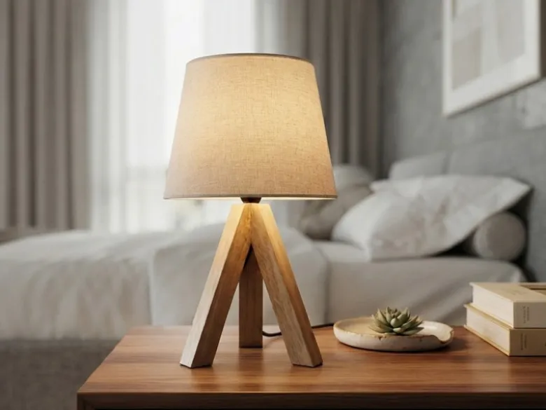 Tischlampe mit Holz Dreibein & E14 Leinen Stoffschirm Beige, Höhe 27cm