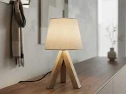 Tischlampe mit Holz Dreibein & E14 Leinen Stoffschirm Beige, Höhe 27cm