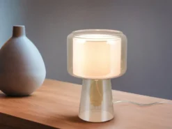Tischlampe ROCKA aus Glas Bernsteinfarben mit Stoffschirm innen, Höhe 29cm