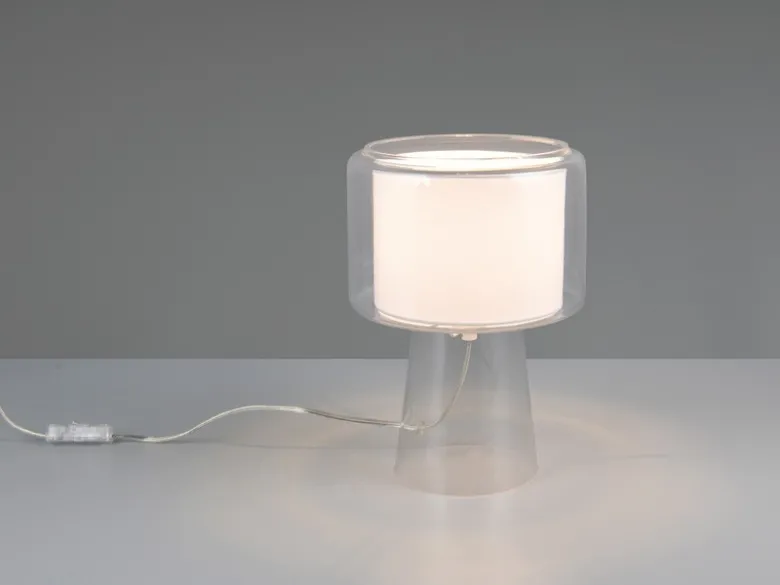 Tischlampe ROCKA aus Glas Transparent mit Stoffschirm innen, Höhe 29cm