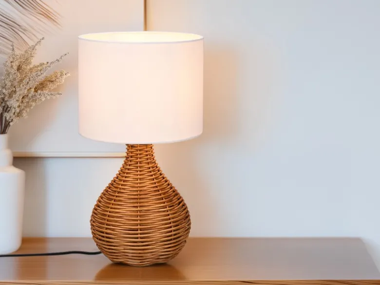 Tischlampe SPROUT mit Rattan und Stoffschirm Weiß, Höhe 40cm