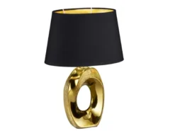 Tischlampe TABA Keramik Gold mit E14 Stoffschirm Schwarz, Höhe 33cm