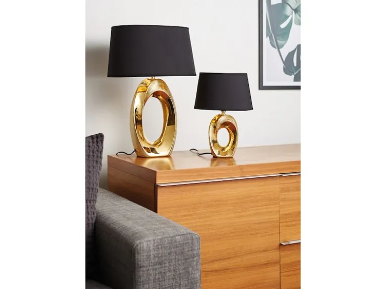 Tischlampe TABA Keramik Gold mit E14 Stoffschirm Schwarz, Höhe 33cm