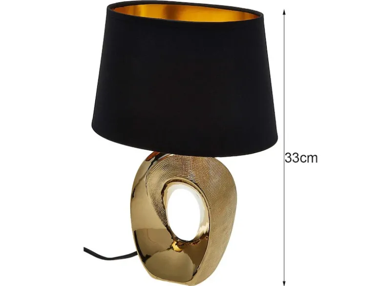 Tischlampe TABA Keramik Gold mit E14 Stoffschirm Schwarz, Höhe 33cm