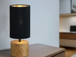 Tischlampe WOODY mit Holzfuß & Stoffschirm Schwarz Gold, Höhe 30cm