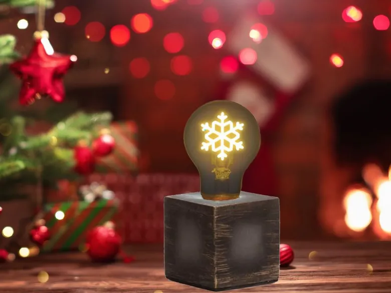 Tischlampe Würfel Grau mit Deko LED Glühbirne Schneeflocke, Quadrat 9cm