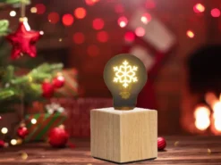 Tischlampe Würfel Holz Eiche mit Deko LED Glühbirne Schneeflocke, Quadrat 9cm