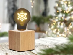 Tischlampe Würfel Holz Eiche mit Deko LED Glühbirne Schneeflocke, Quadrat 9cm