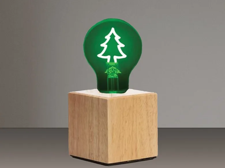 Tischlampe Würfel Holz Eiche mit Deko LED Glühbirne Tannenbaum, Quadrat 9cm