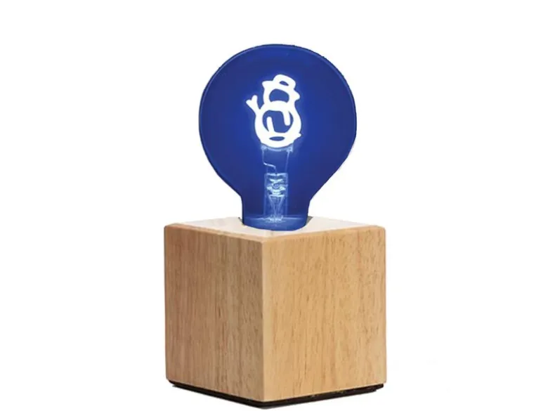Tischlampe Würfel Holz Eiche mit Deko LED Glühbirne Schneemann, Quadrat 9cm