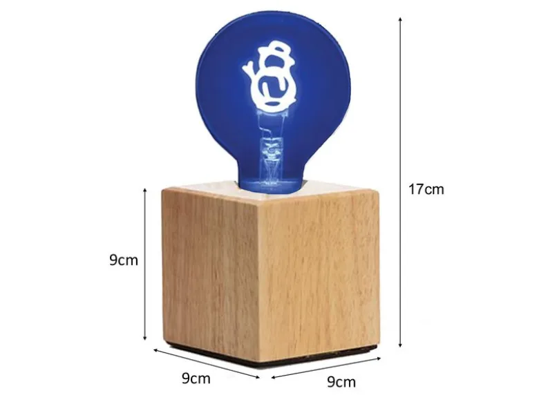 Tischlampe Würfel Holz Eiche mit Deko LED Glühbirne Schneemann, Quadrat 9cm