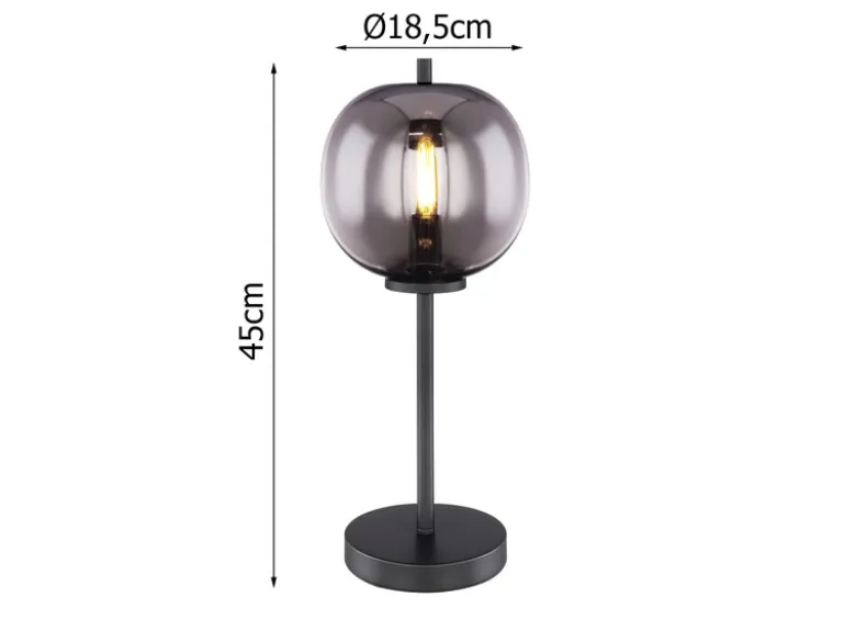 Tischleuchte BLACKY mit Rauchglas Lampenschirm, Höhe 45cm