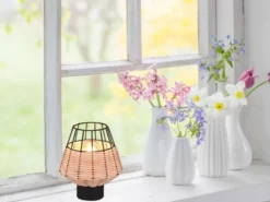 Tischleuchte BORKA Rattan Geflecht Natur und Gitter im Boho Stil, Höhe 20cm