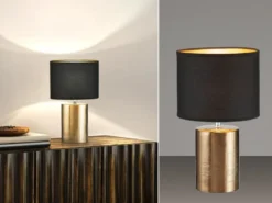 Tischleuchte BRONZ mit Keramikfuß & Stoffschirm Schwarz innen Gold, Höhe 35cm