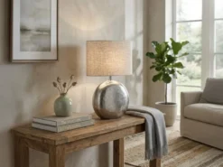 Tischleuchte CHAMBERY, Metallfuß Silber Antik, Leinenschirm Beige, Höhe 51cm