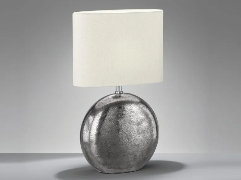 Tischleuchte CHAMBERY, Metallfuß Silber Antik, Leinenschirm Beige, Höhe 51cm