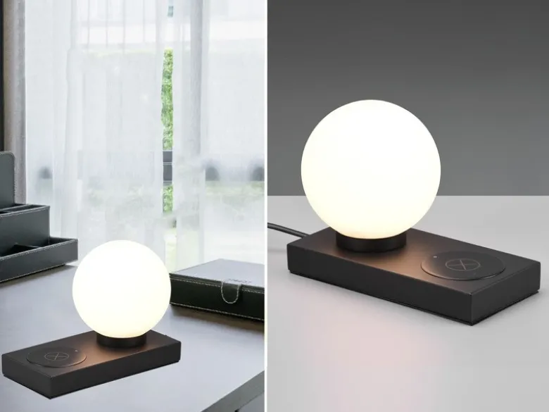 Tischleuchte CHLOE Schwarz induktive Ladestation & Touch Glasschirm, Höhe 15cm