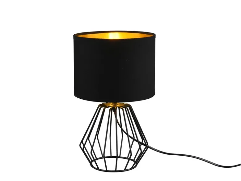 Tischleuchte CHUCK mit Gitterkorpus und Stoffschirm in Schwarz/Gold, Höhe 34cm