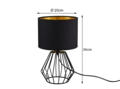Tischleuchte CHUCK mit Gitterkorpus und Stoffschirm in Schwarz/Gold, Höhe 34cm