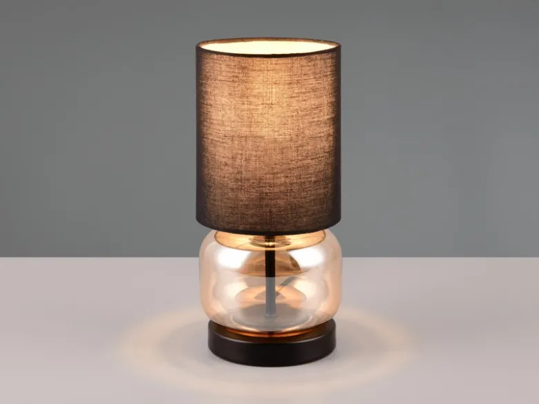 Tischleuchte ELIO mit Glasfuß Amber und Stoffschirm Schwarz, Höhe 28cm