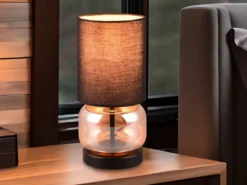 Tischleuchte ELIO mit Glasfuß Amber und Stoffschirm Schwarz, Höhe 28cm